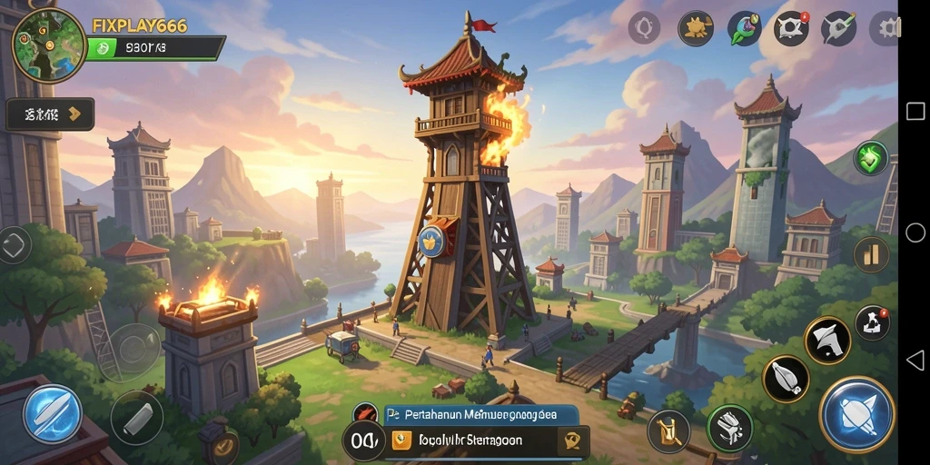 Tangkapan layar dari gameplay FIXPLAY666 yang menampilkan aksi menara pertahanan yang epik.
