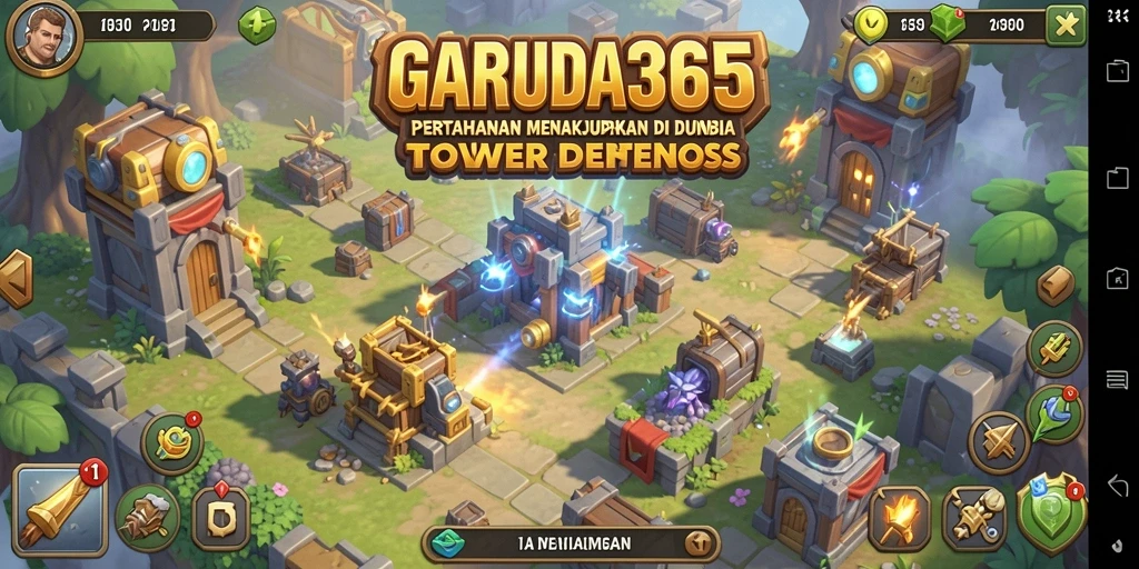 Tampilan screenshot menunjukkan aksi menara pertahanan melawan musuh yang ganas.
