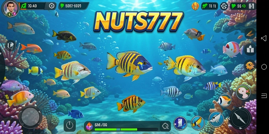 Gameplay menarik dalam NUTS777 dengan banyak ikan untuk ditembak.