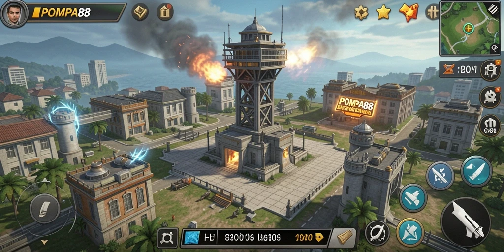 Gameplay menarik dari POMPA88 menunjukkan pertarungan Tower Defense.