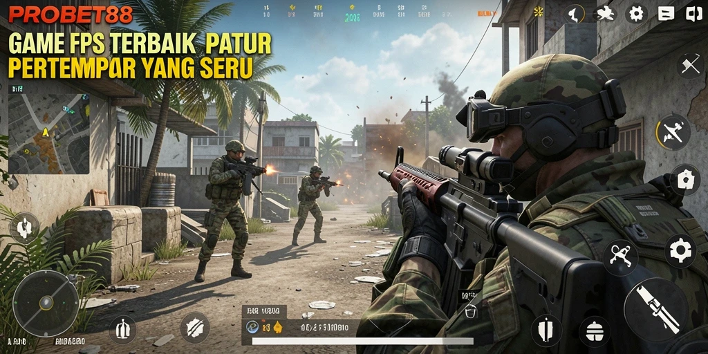 Tampilan gameplay PROBET88 dengan pertempuran FPS yang intens.