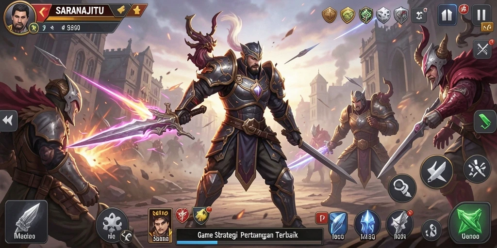 Tangkapan layar gameplay <strong>SARANAJITU</strong> yang menampilkan strategi pertempuran seru.