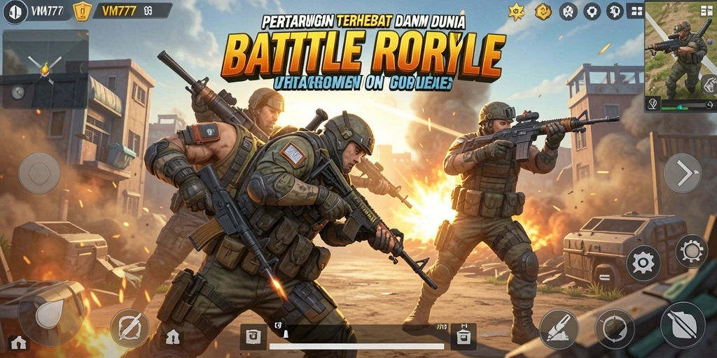 Gambar gameplay dari <strong>VM777</strong> yang menampilkan aksi seru di arena Battle Royale.